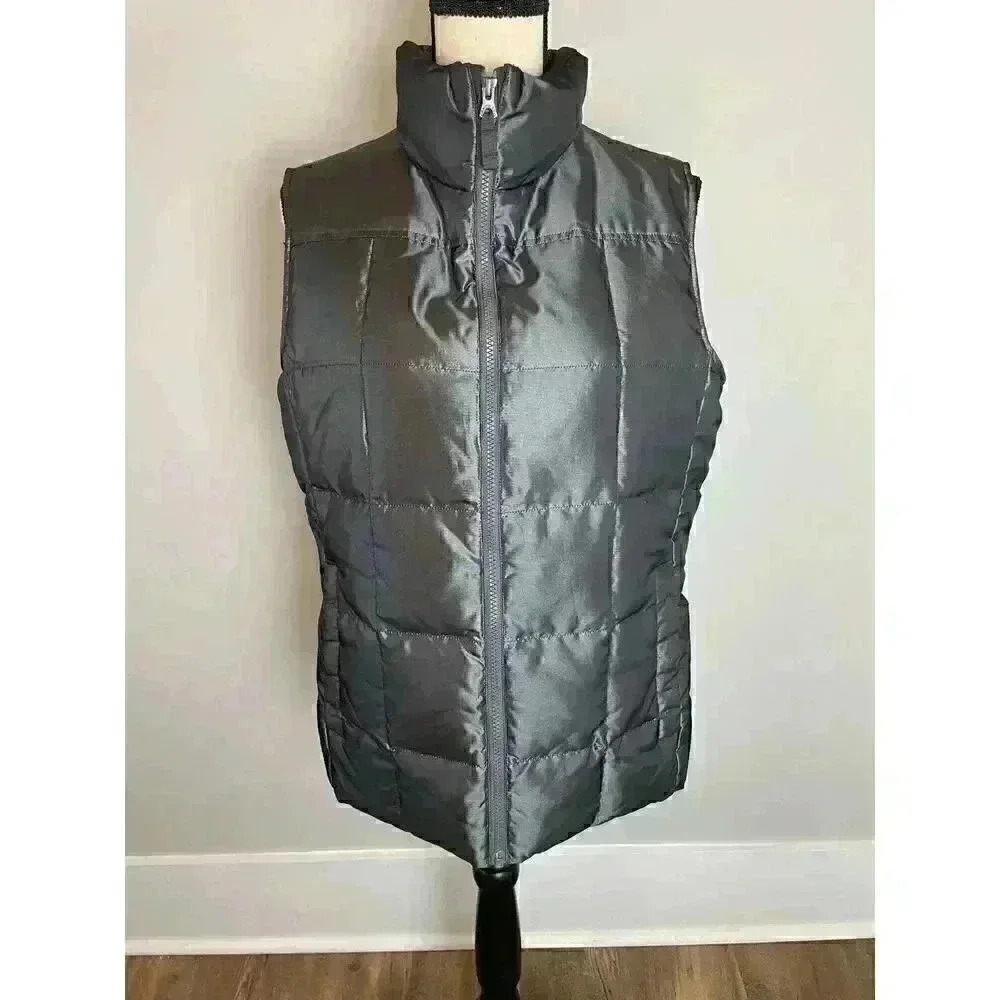Lands' End Down Feather Puffer Vest Shiny Gray Full Zip Women's Size M